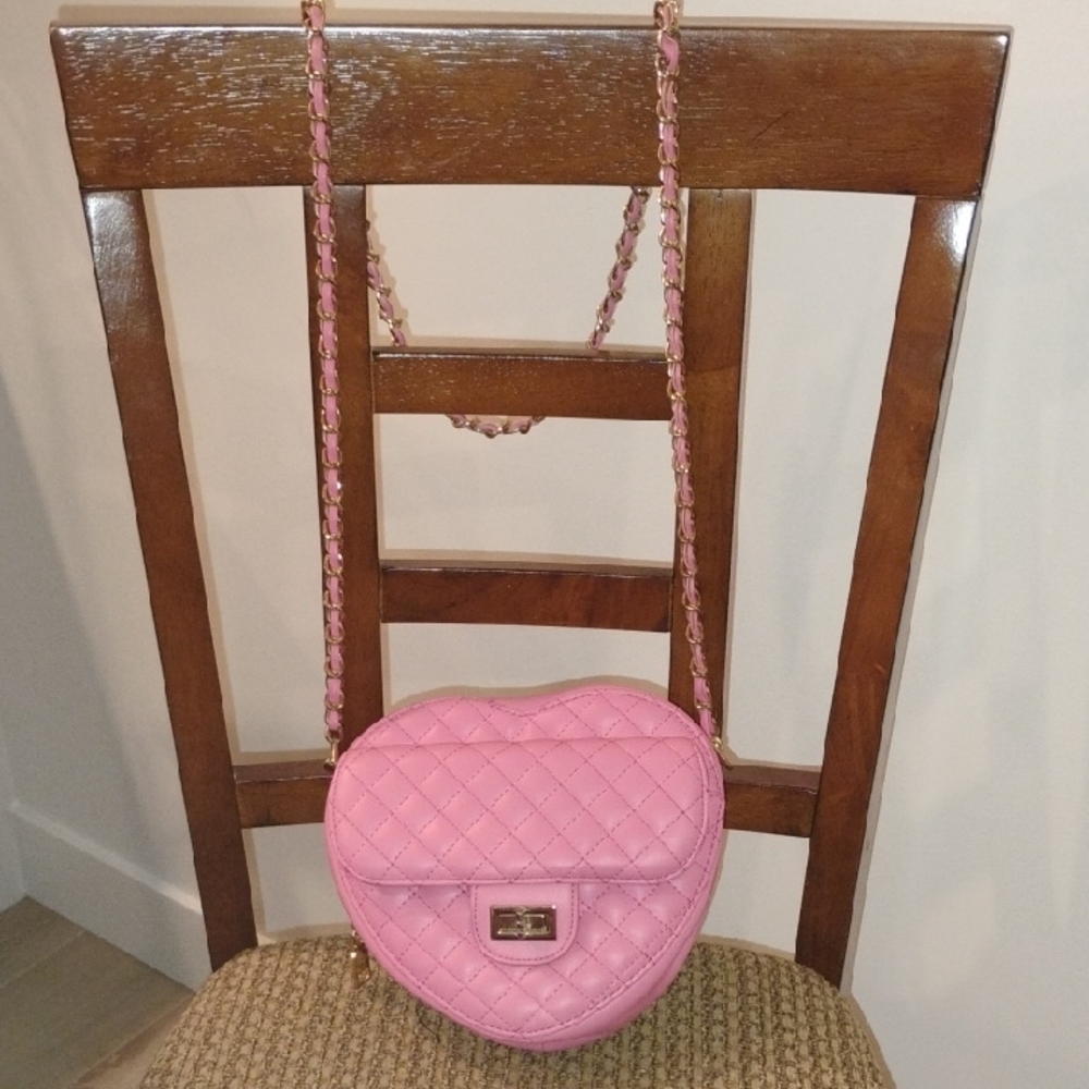Pink Quilted Heart-Shaped Crossbody Bag W/ Gold Accents